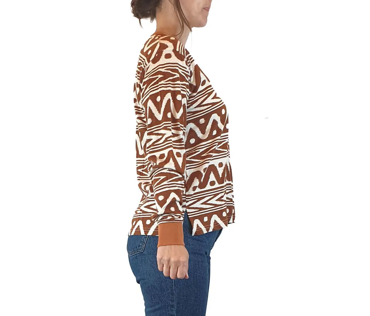 Kip & Co brown and white print long sleeve top size 8