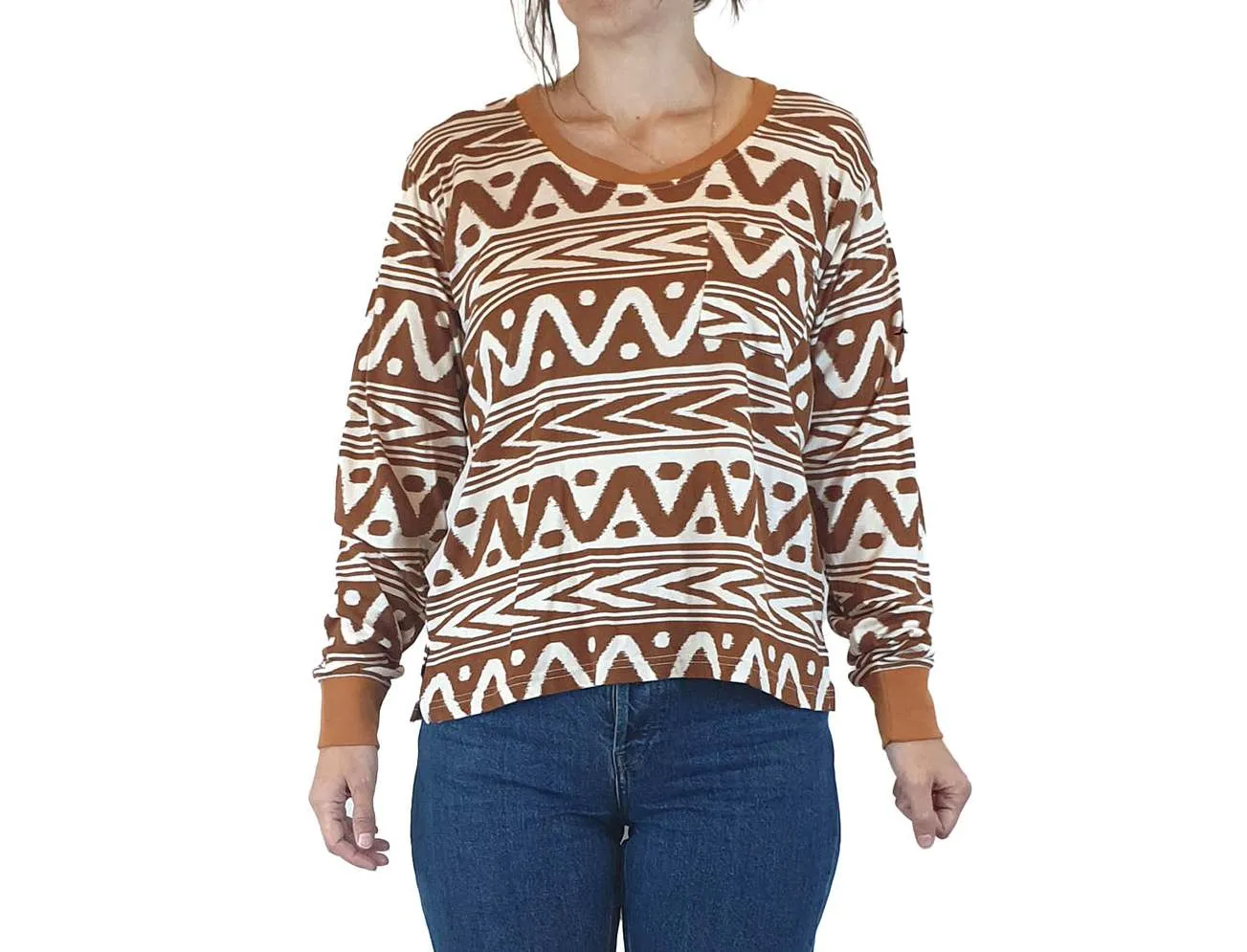 Kip & Co brown and white print long sleeve top size 8