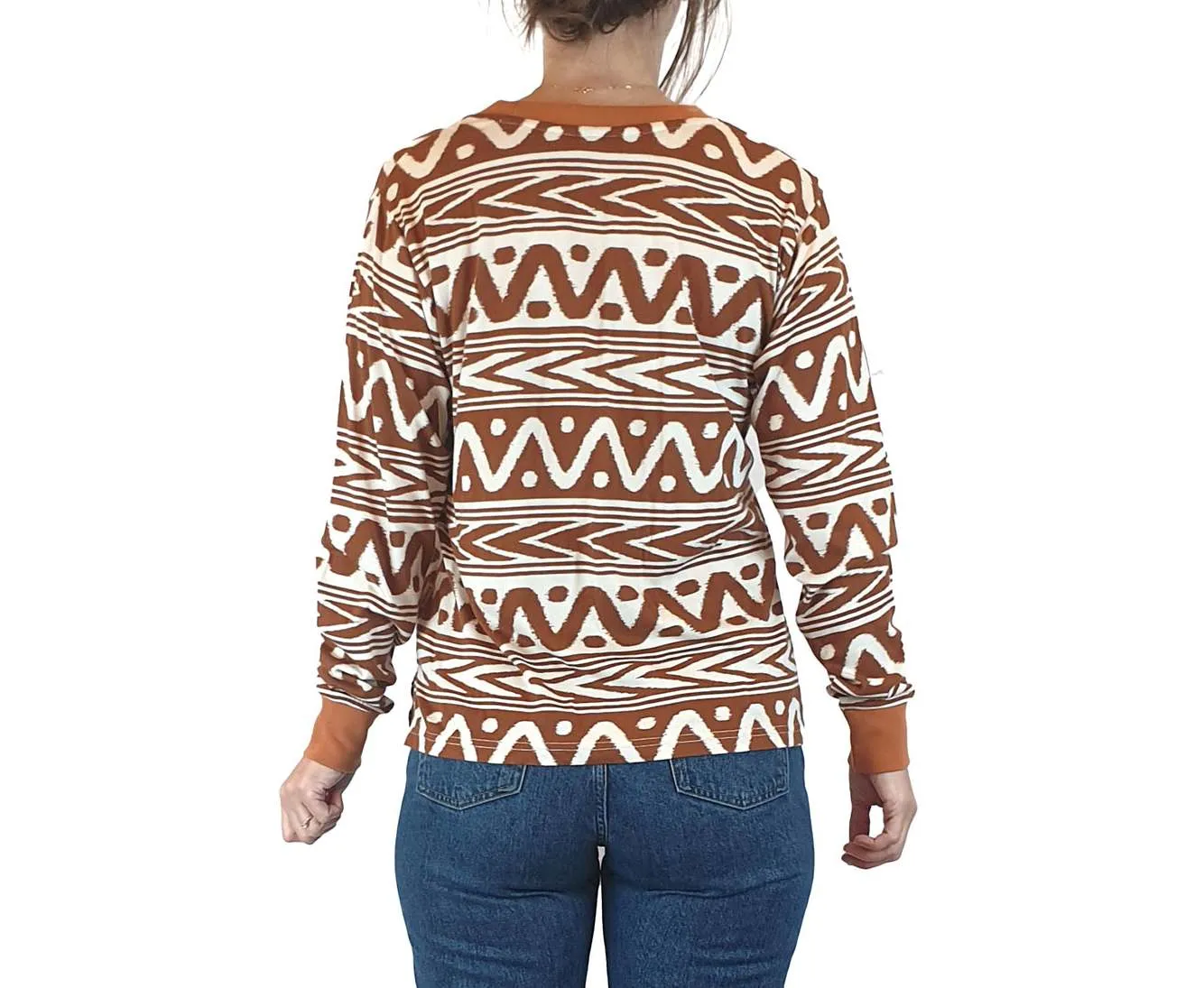 Kip & Co brown and white print long sleeve top size 8