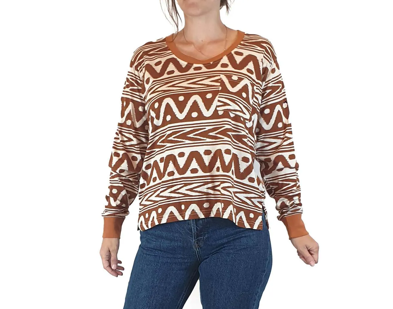 Kip & Co brown and white print long sleeve top size 8