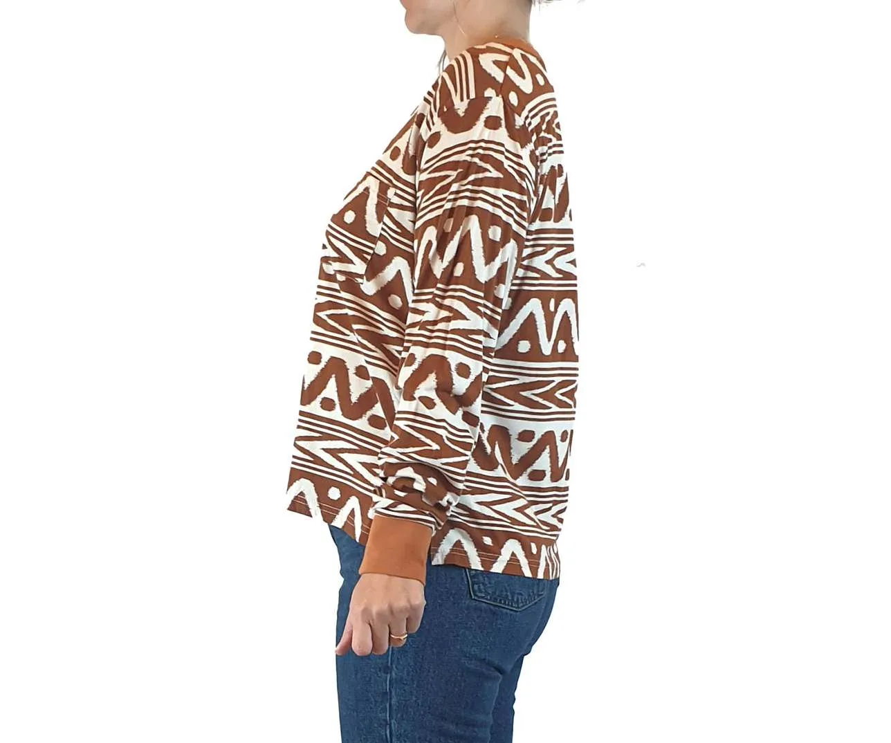 Kip & Co brown and white print long sleeve top size 8