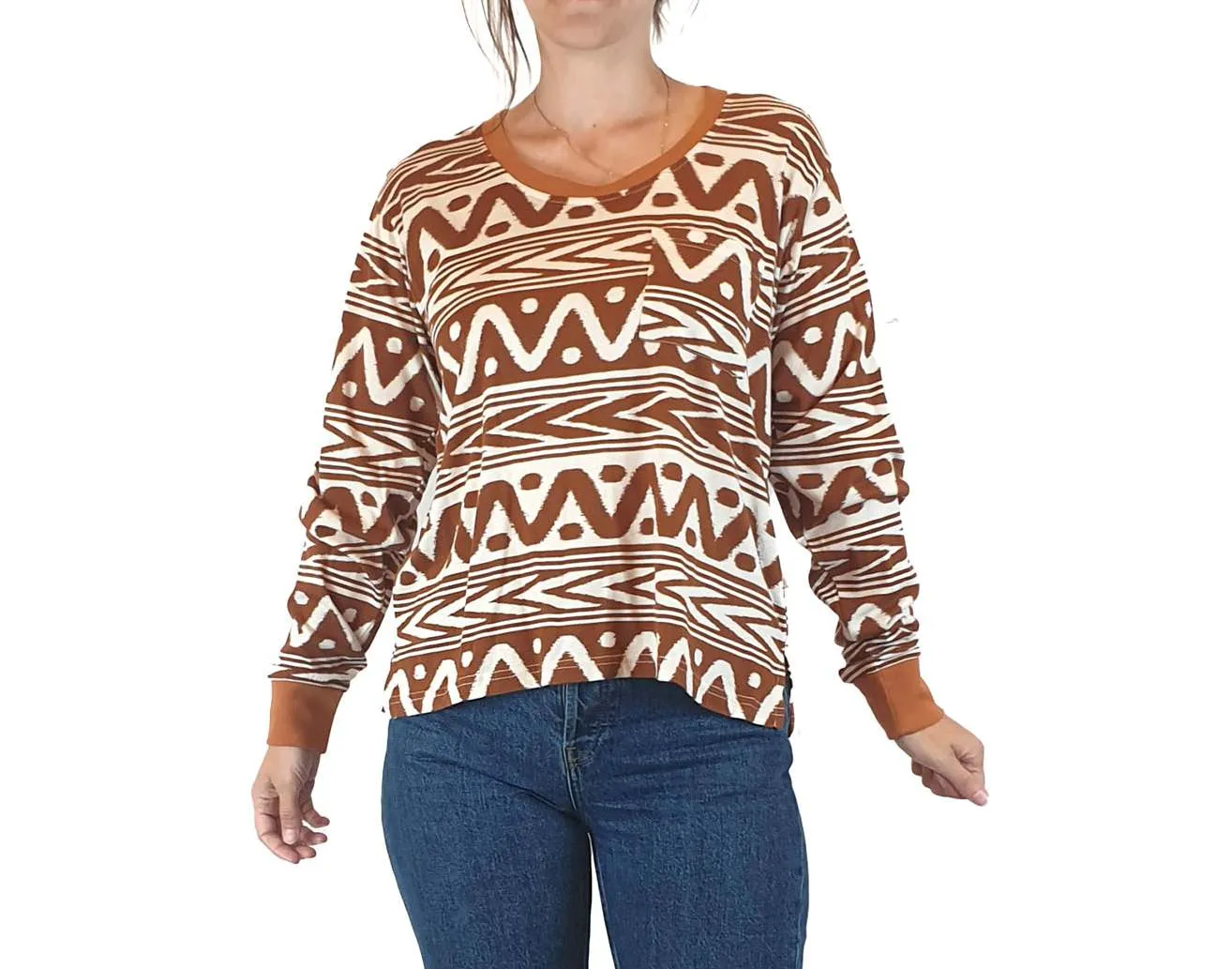 Kip & Co brown and white print long sleeve top size 8