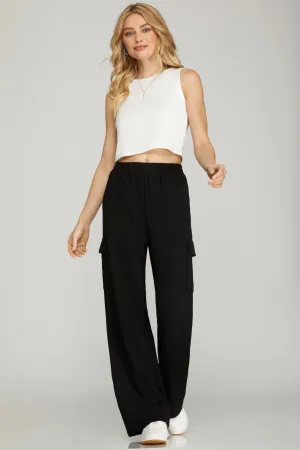 Knit Cargo Pants With Pockets And Waist Elastic