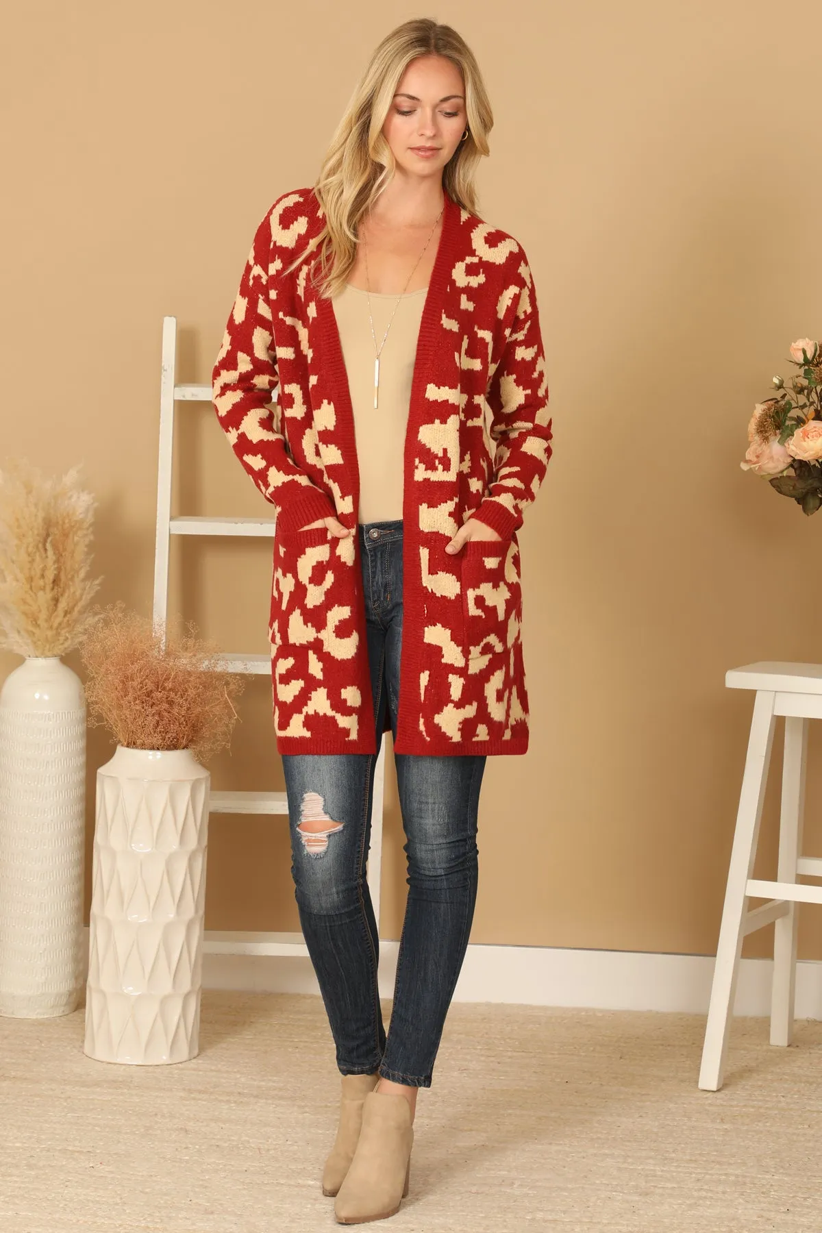 KNITTED FRONT POCKET PRINTED OPEN CARDIGAN