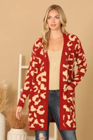 KNITTED FRONT POCKET PRINTED OPEN CARDIGAN