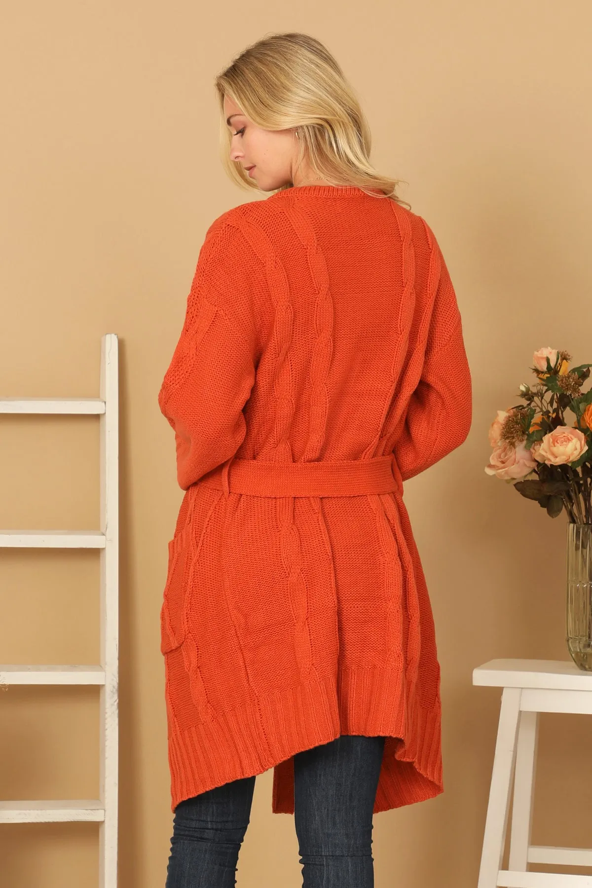 KNITTED LONG SLEEVE WAIST TIE CARDIGAN