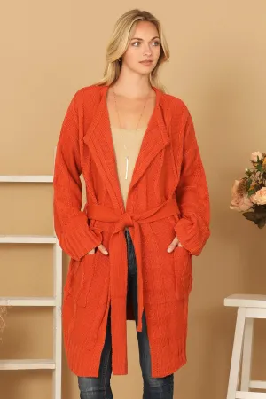KNITTED LONG SLEEVE WAIST TIE CARDIGAN