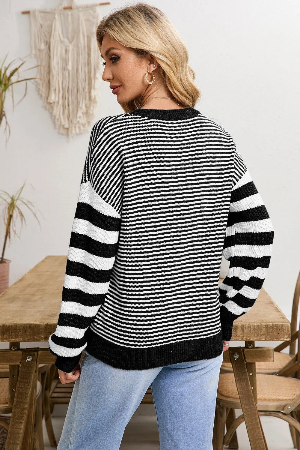 Knox Stripe Geometric Textured Drop Shoulder Sweater  - Black