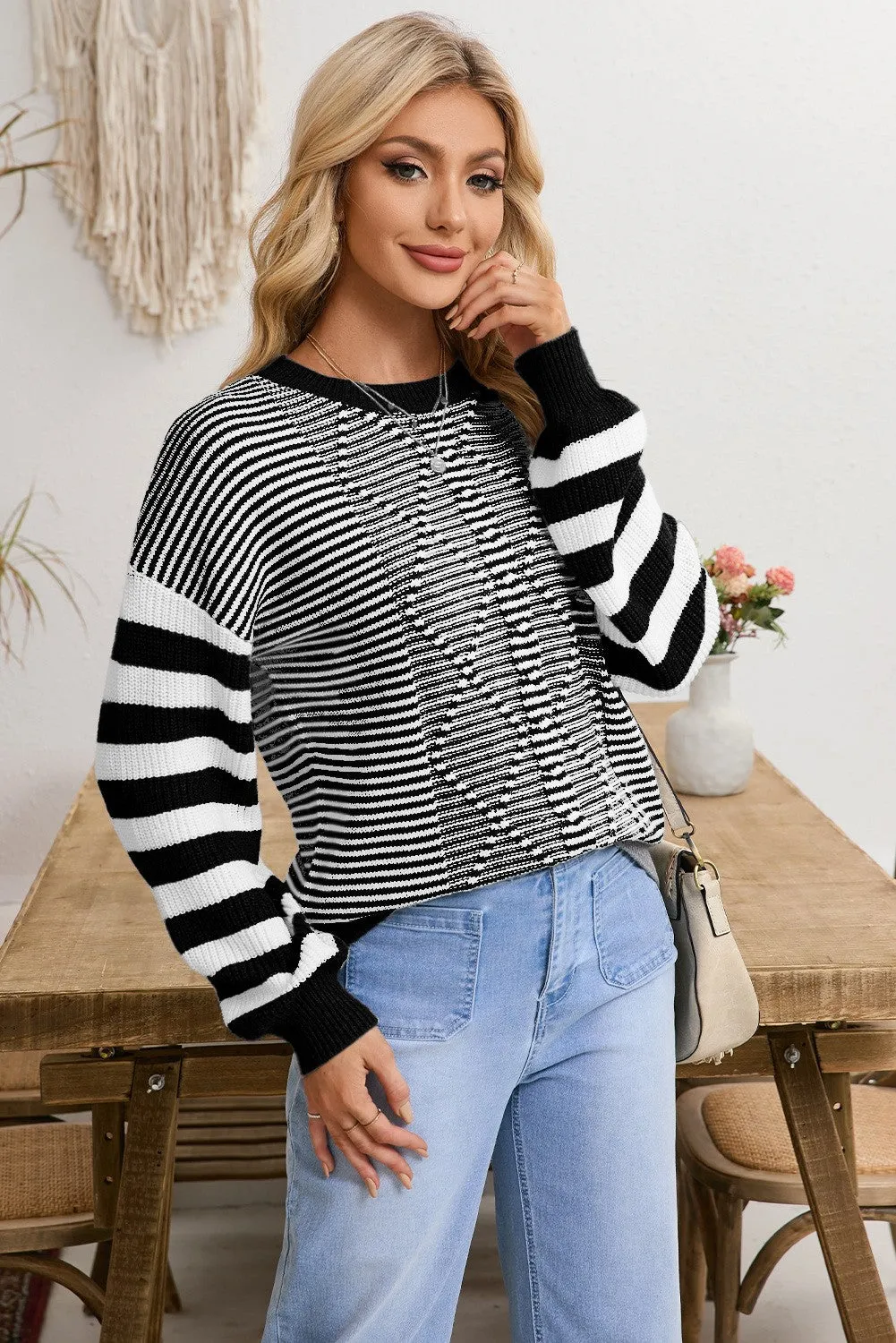 Knox Stripe Geometric Textured Drop Shoulder Sweater  - Black