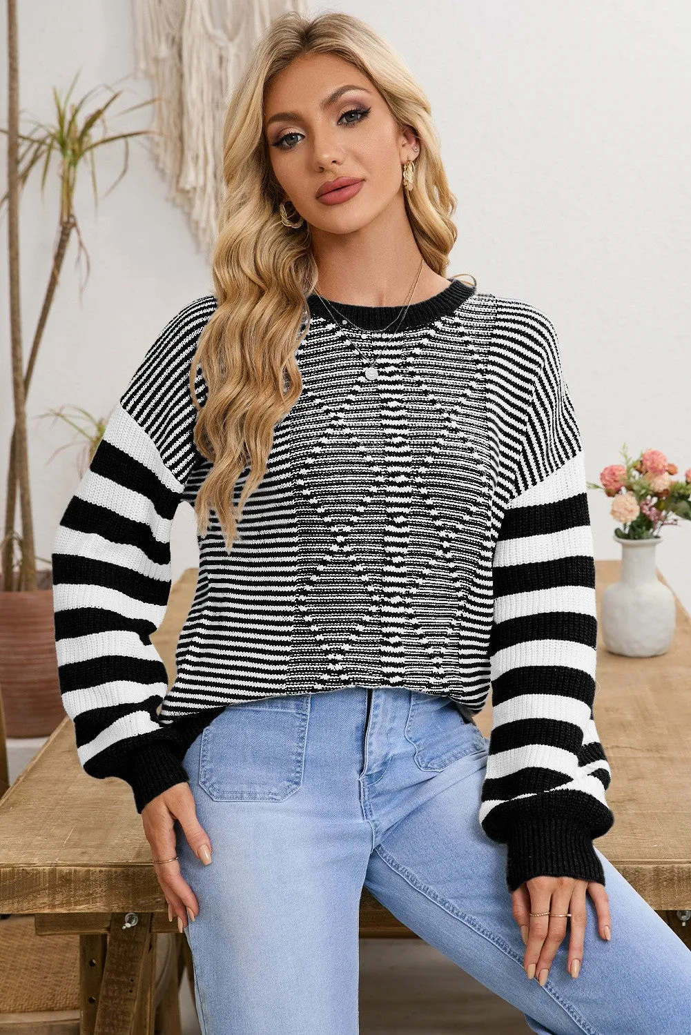 Knox Stripe Geometric Textured Drop Shoulder Sweater  - Black