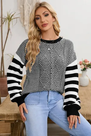Knox Stripe Geometric Textured Drop Shoulder Sweater  - Black