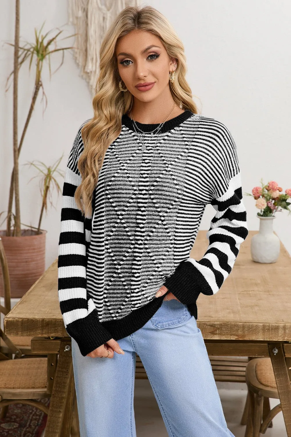Knox Stripe Geometric Textured Drop Shoulder Sweater  - Black