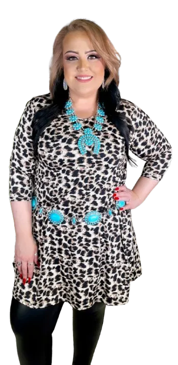 L : Beige Leopard Flutter Tunic - runs big