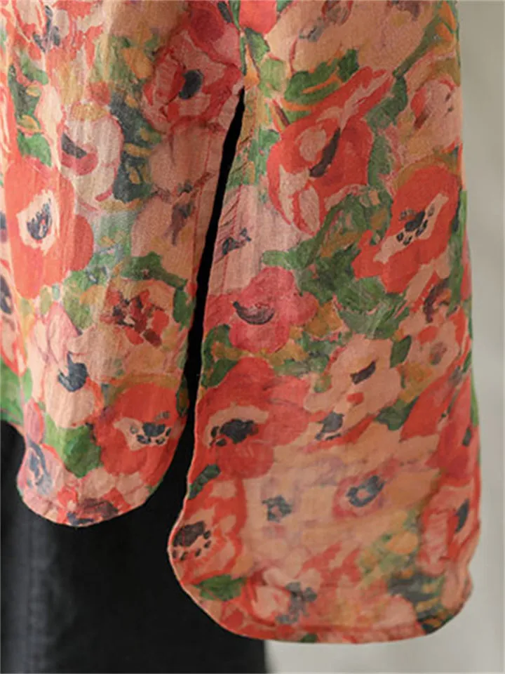 Ladies Country Style Red Flower Print Oversized Linen Shirt