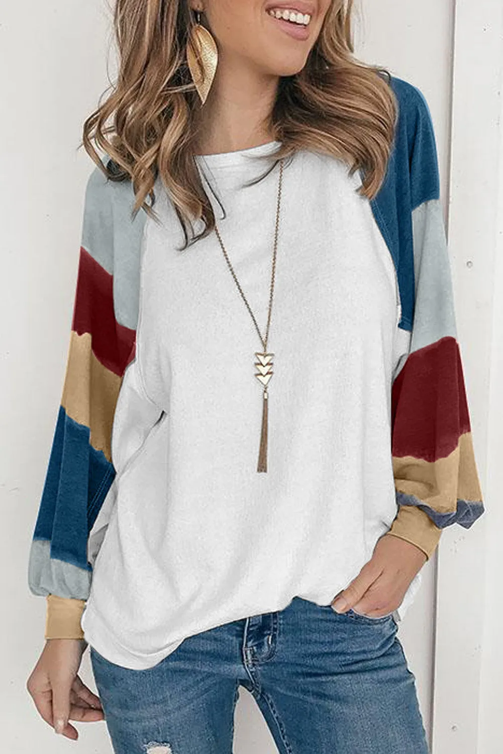 Lantern Sleeve Color Block Pullover Loose T-shirts