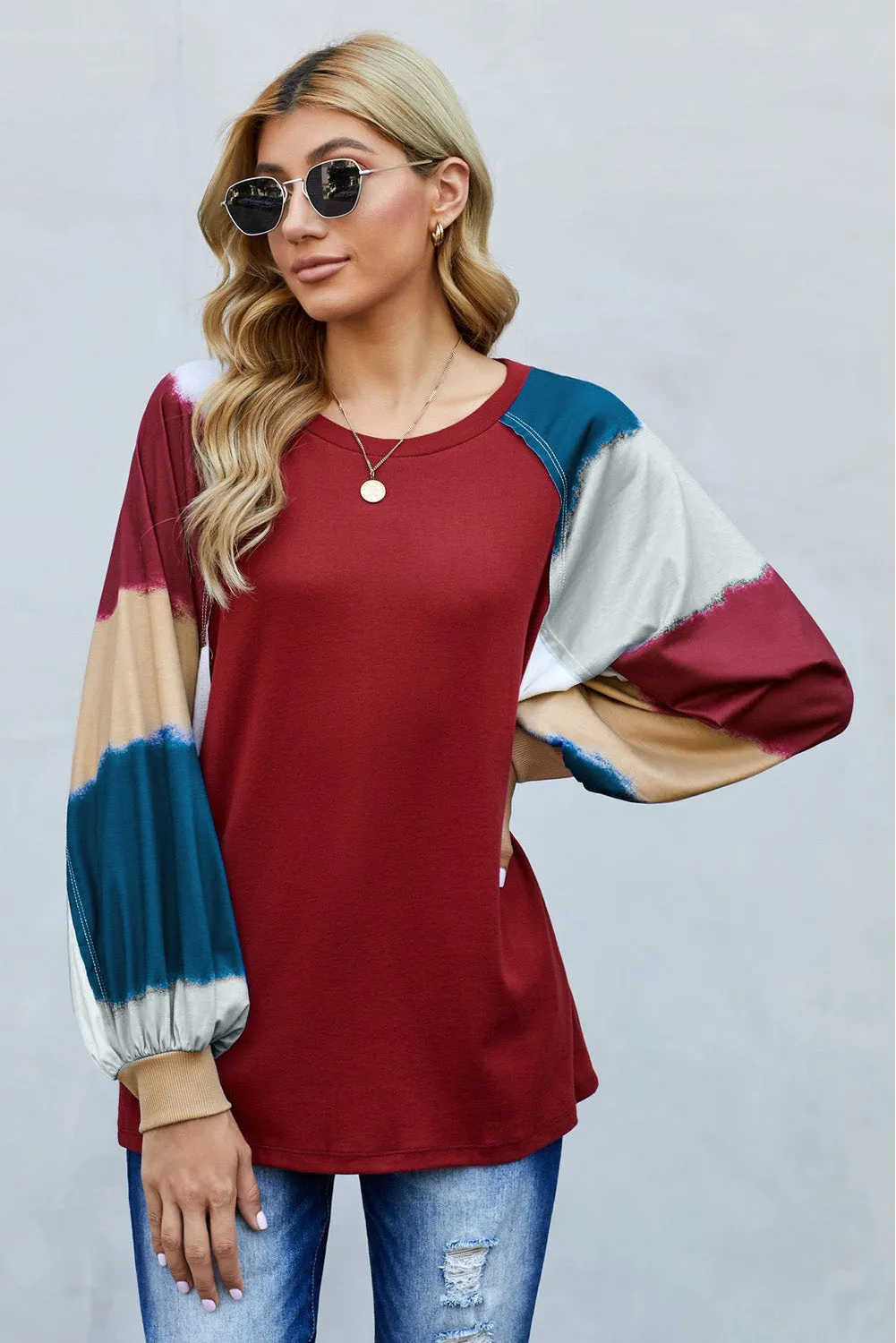 Lantern Sleeve Color Block Pullover Loose T-shirts