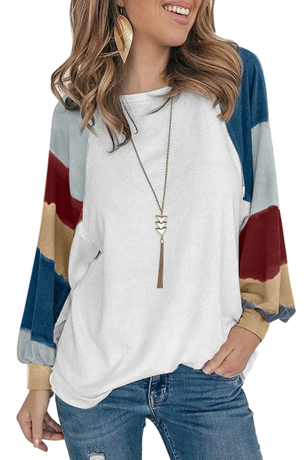 Lantern Sleeve Color Block Pullover Loose T-shirts