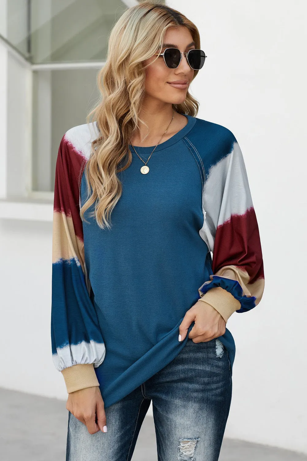 Lantern Sleeve Color Block Pullover Loose T-shirts