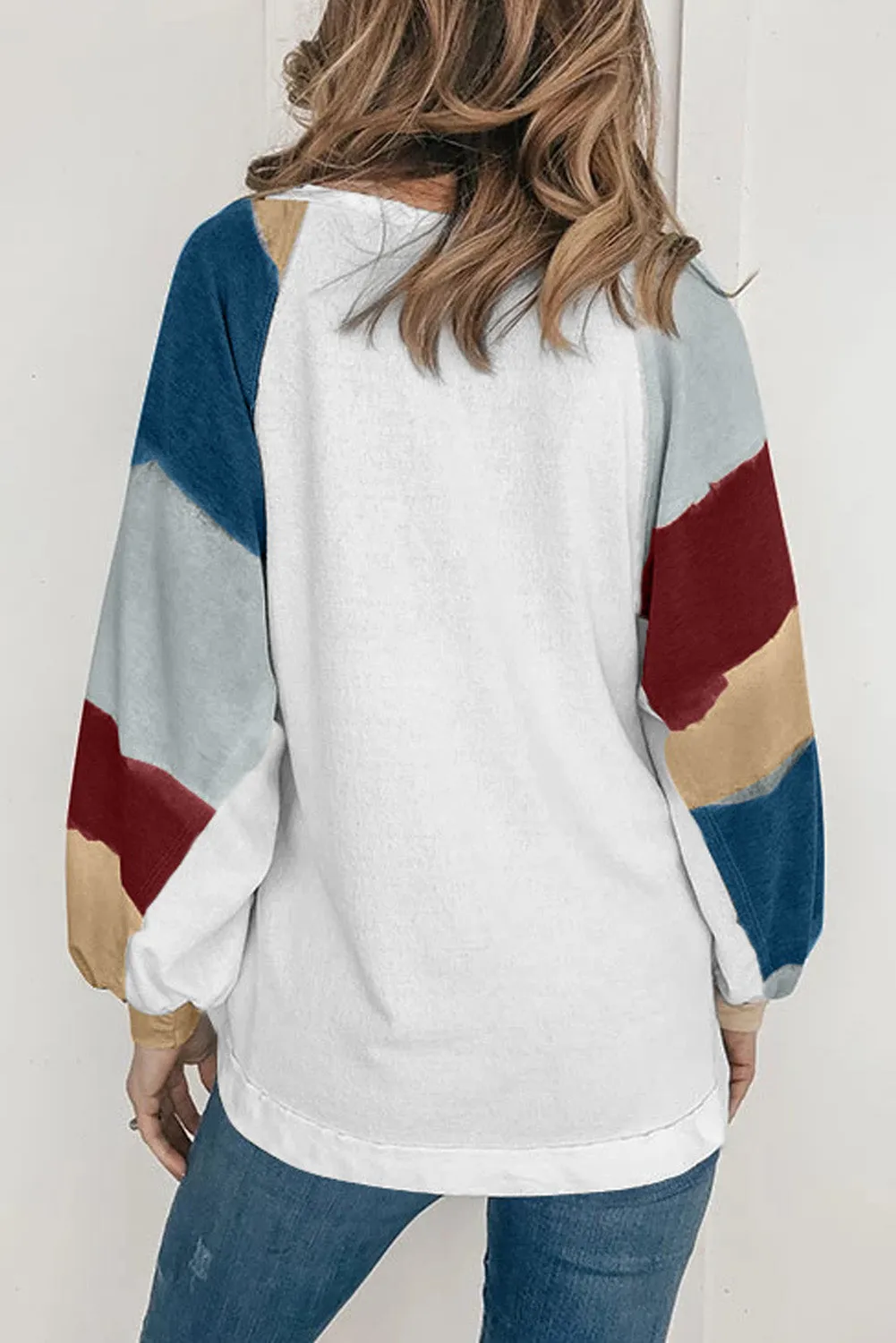 Lantern Sleeve Color Block Pullover Loose T-shirts