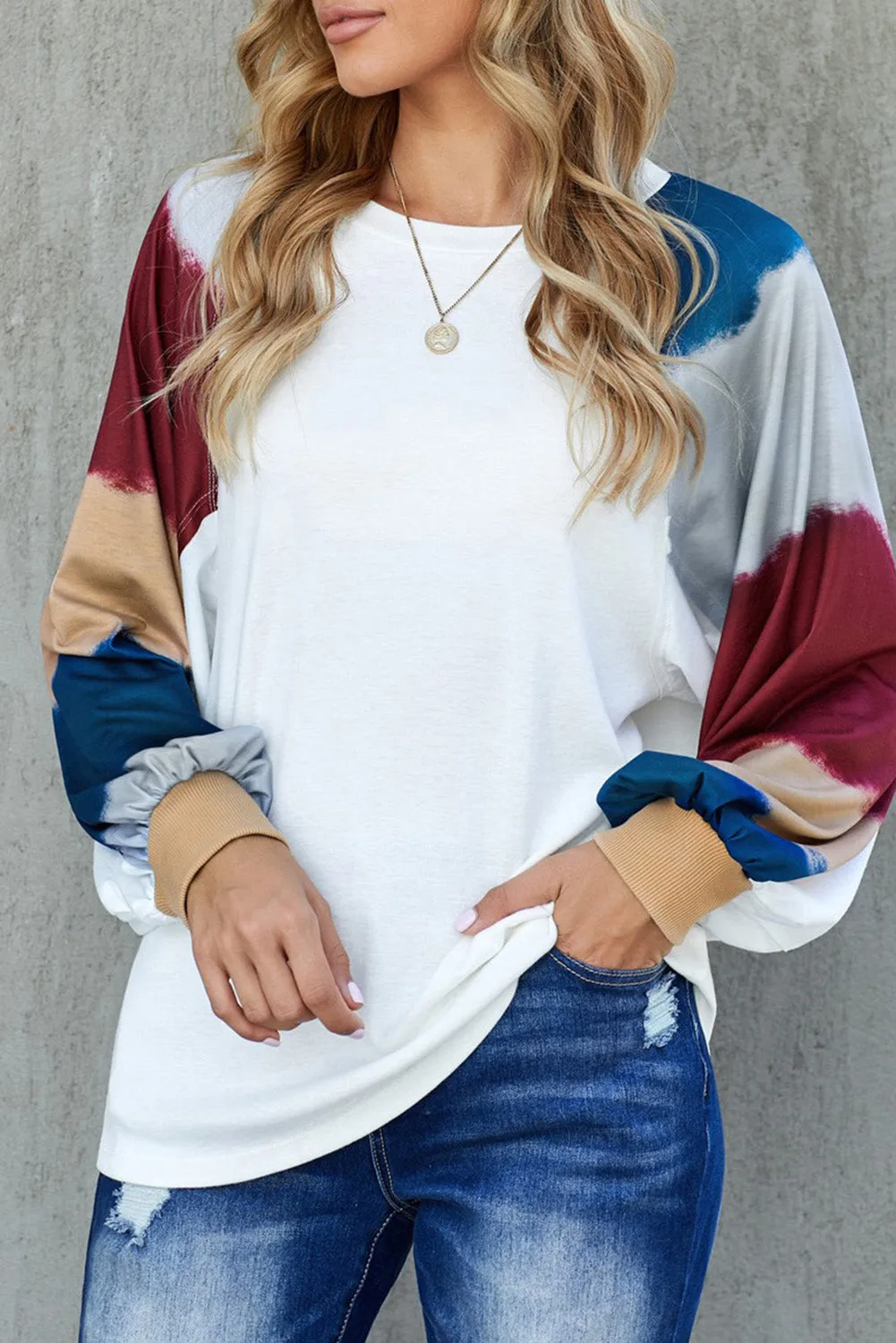 Lantern Sleeve Color Block Pullover Loose T-shirts