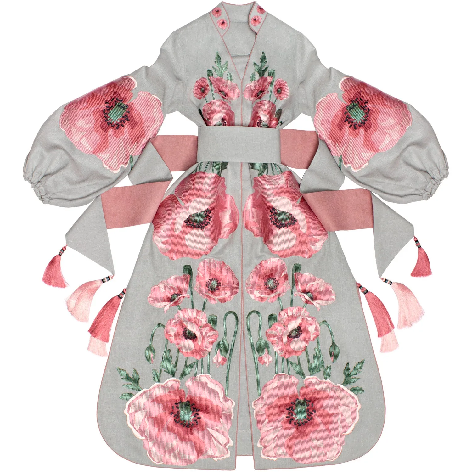 Light gray Kaftan with embroidered poppies