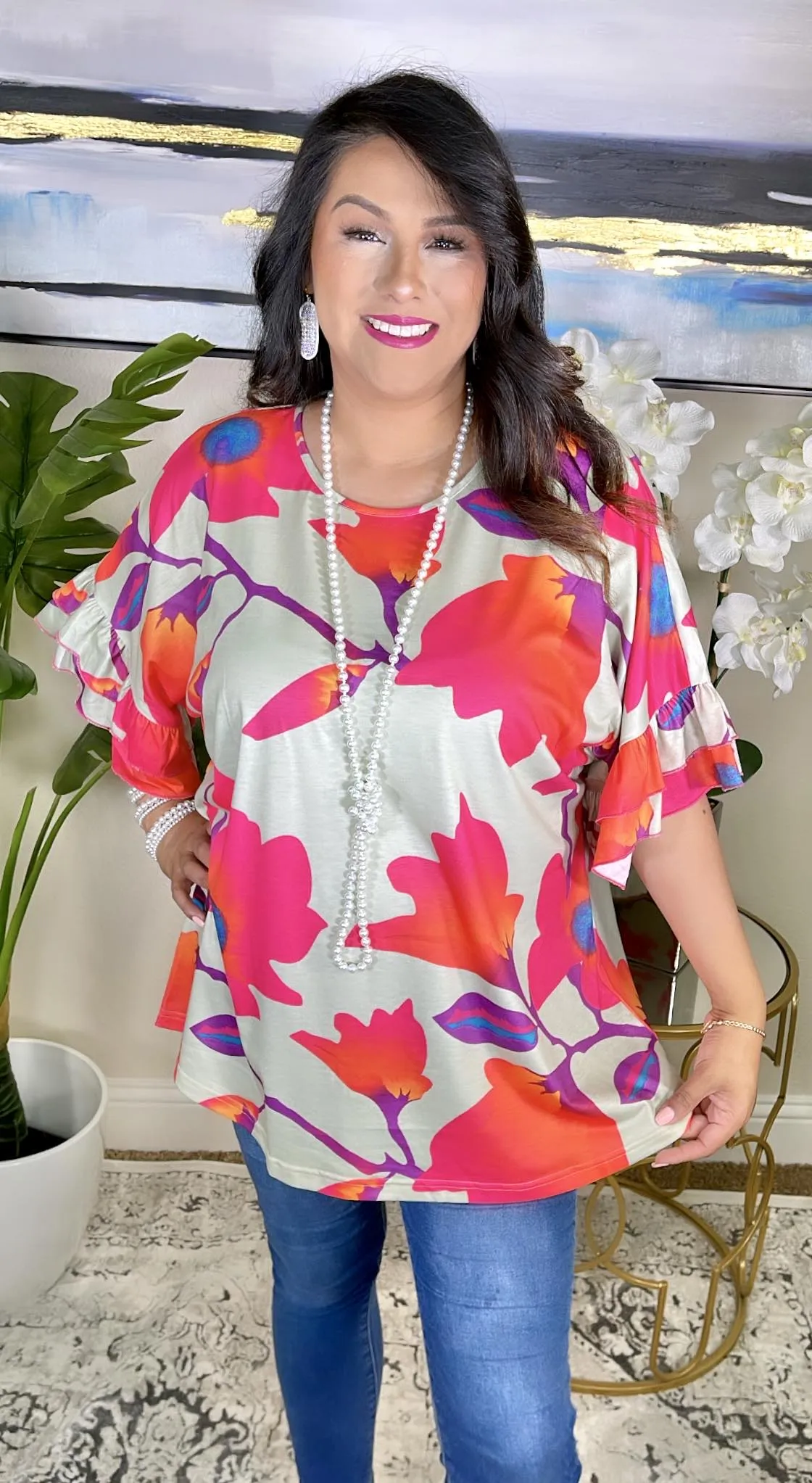 Light Sage Top with pink floral design