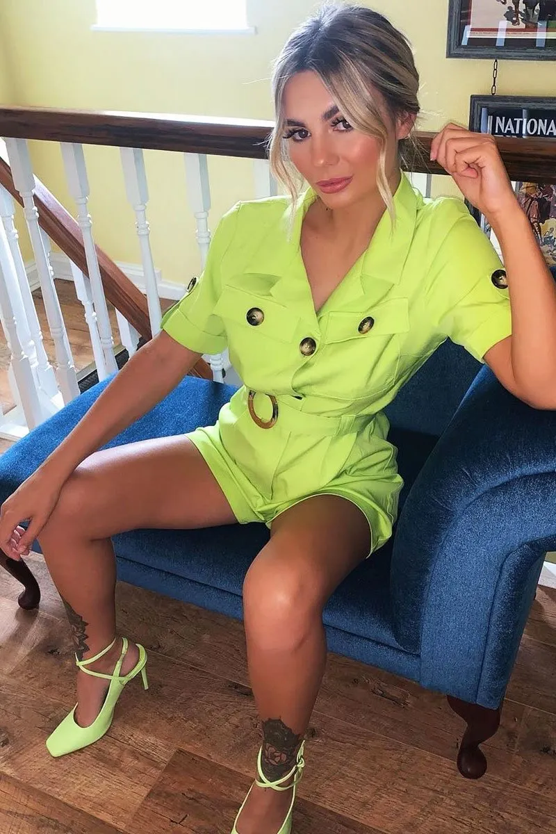 Lime Short Sleeve Button Front Resin Belted Playsuit - Caasi
