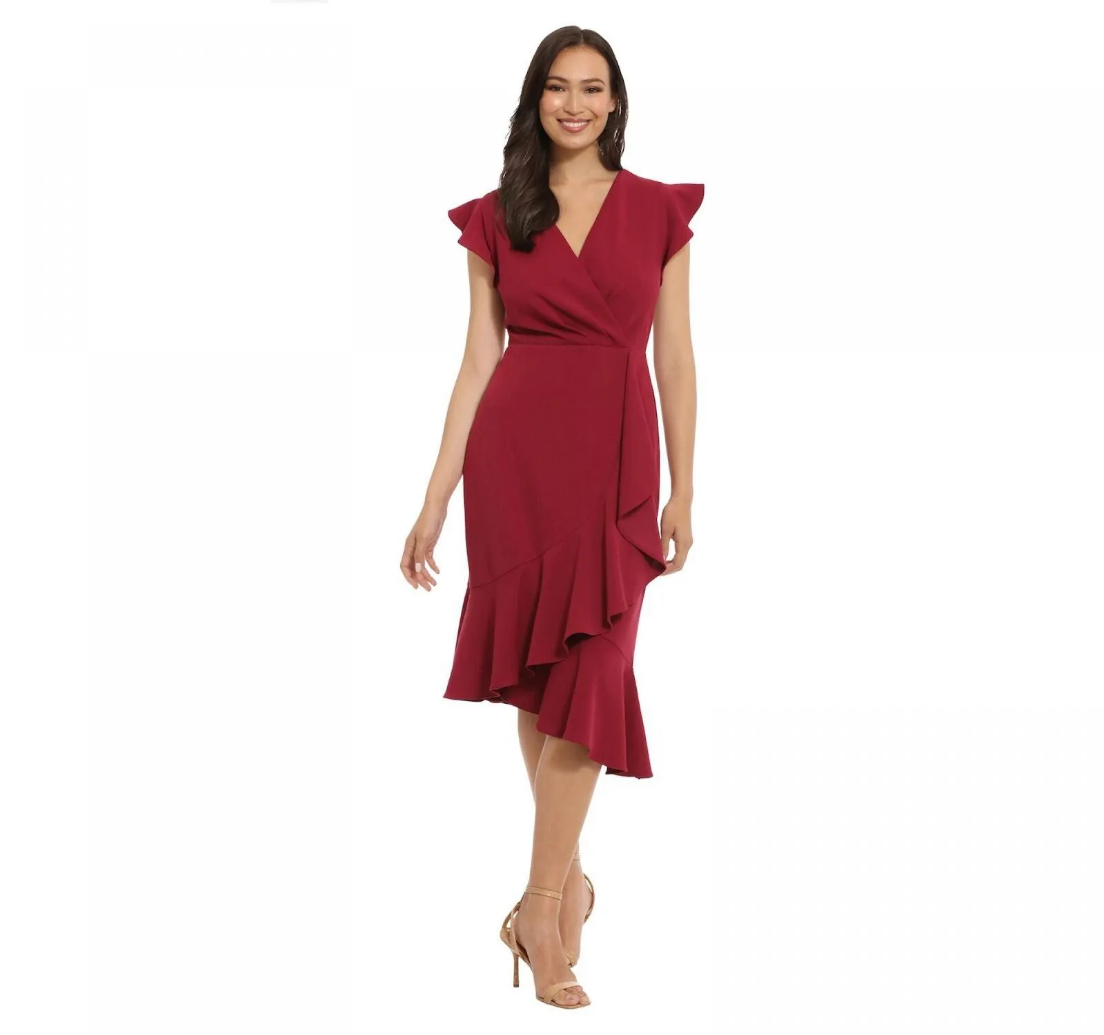 London Times Women's Asymmetrical Ruffle Faux-Wrap Dress T6956M