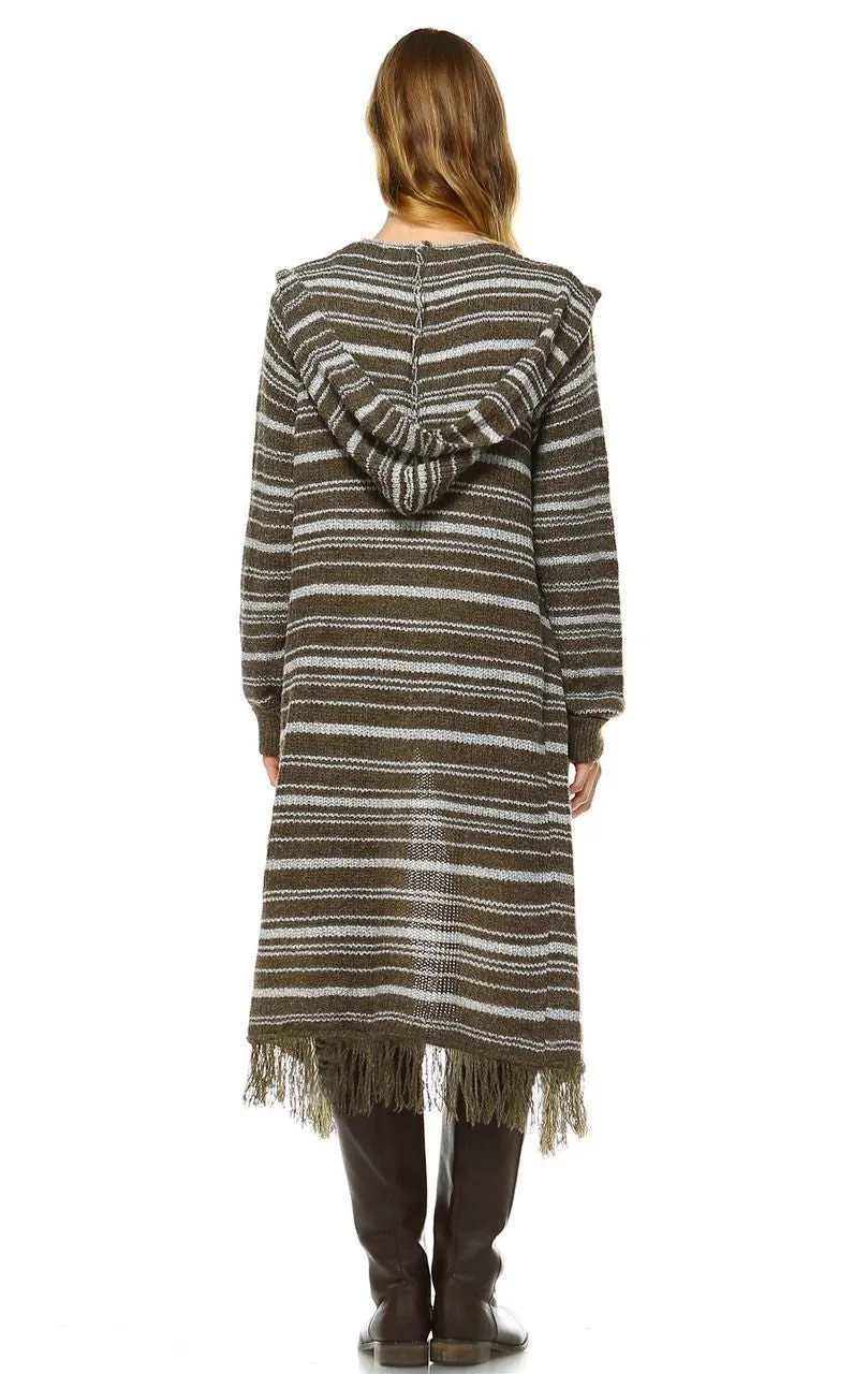 Long Cardigan Sweater Striped Hoodie Hood Olive Green