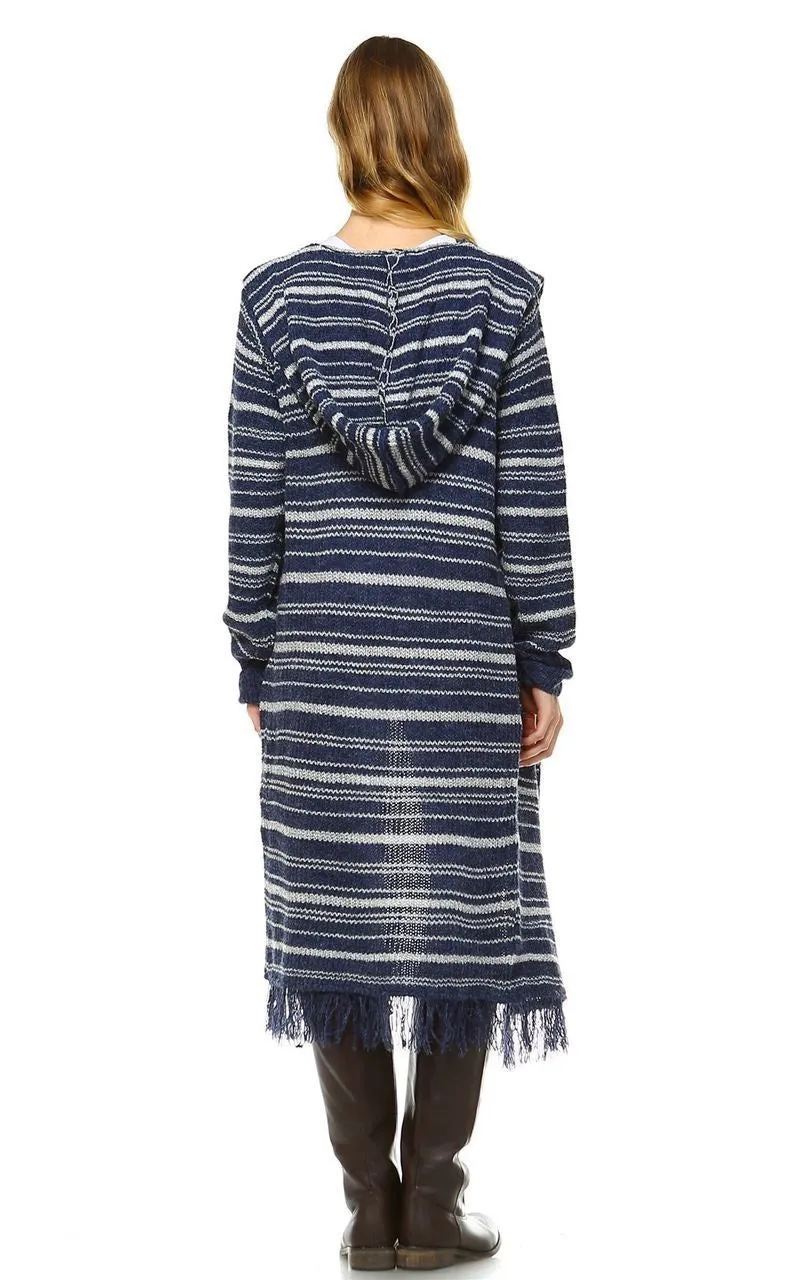 Long Cardigan Sweater Striped with Hoodie Hood Navy