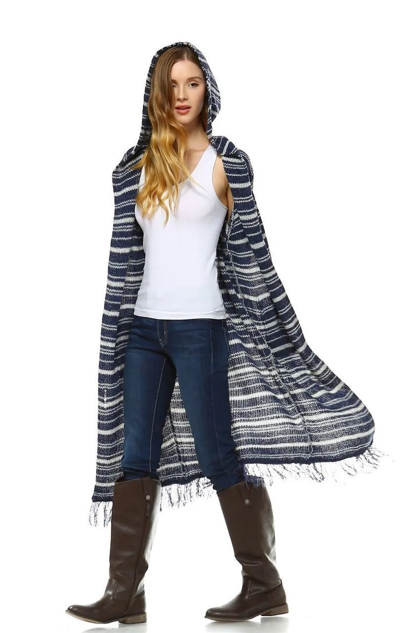 Long Cardigan Sweater Striped with Hoodie Hood Navy