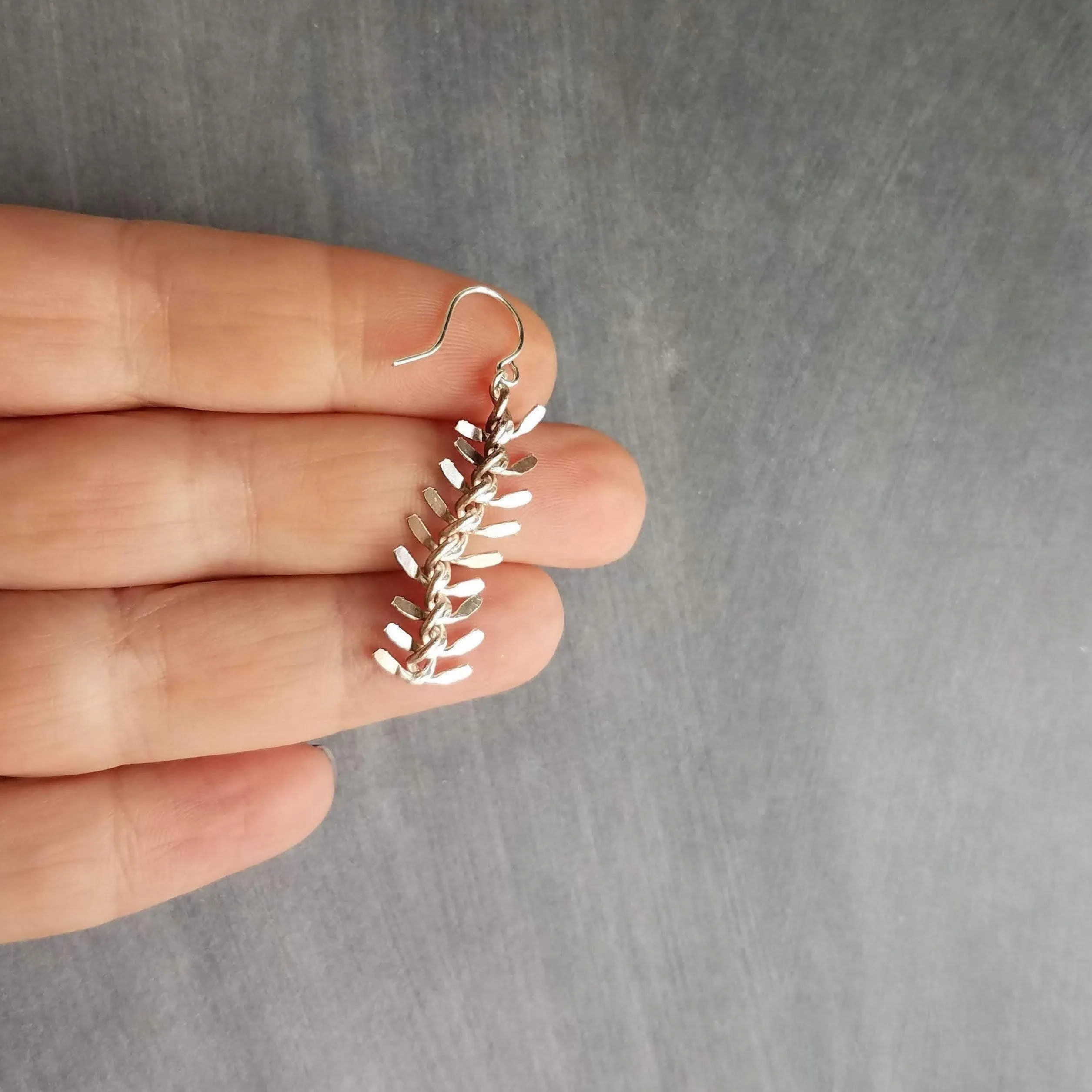 Long Flexible Earrings, silver dangle earring, modern silver earring, chevron earring, fish bone earring, spine vertebrae, feather earring
