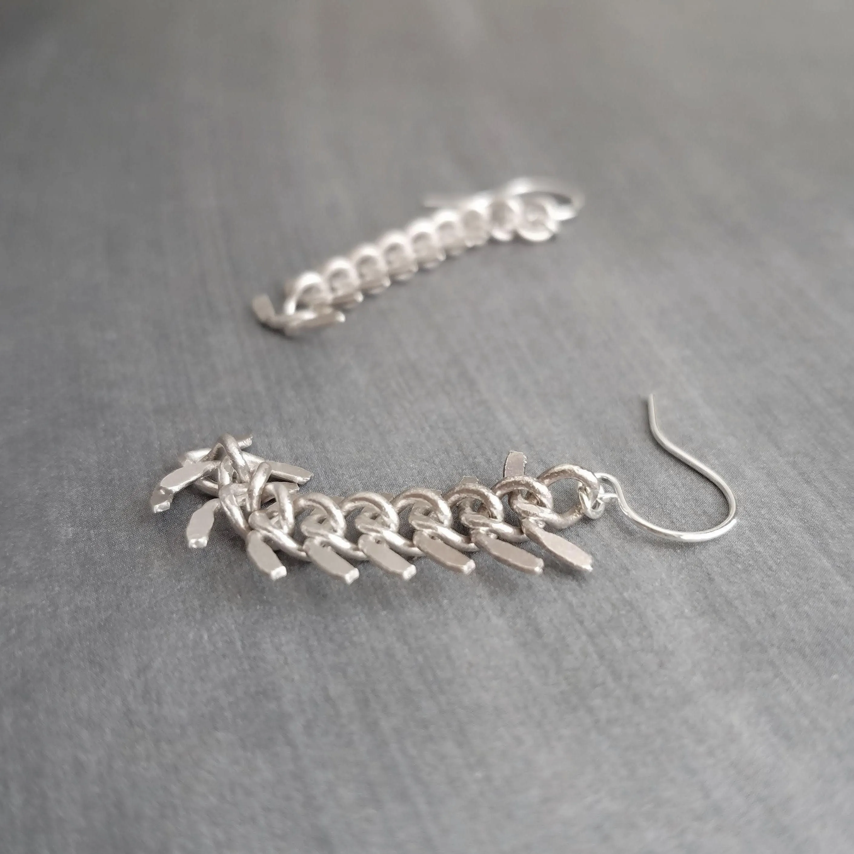 Long Flexible Earrings, silver dangle earring, modern silver earring, chevron earring, fish bone earring, spine vertebrae, feather earring