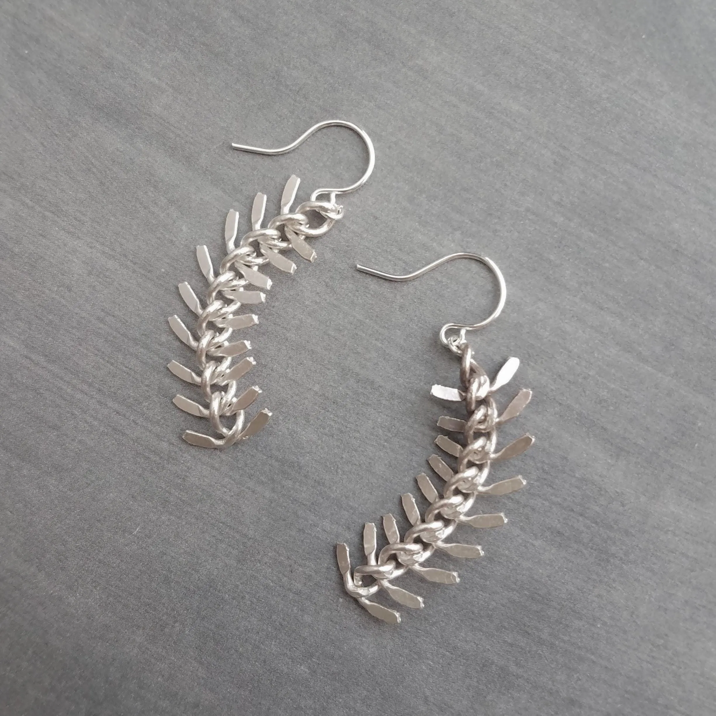 Long Flexible Earrings, silver dangle earring, modern silver earring, chevron earring, fish bone earring, spine vertebrae, feather earring