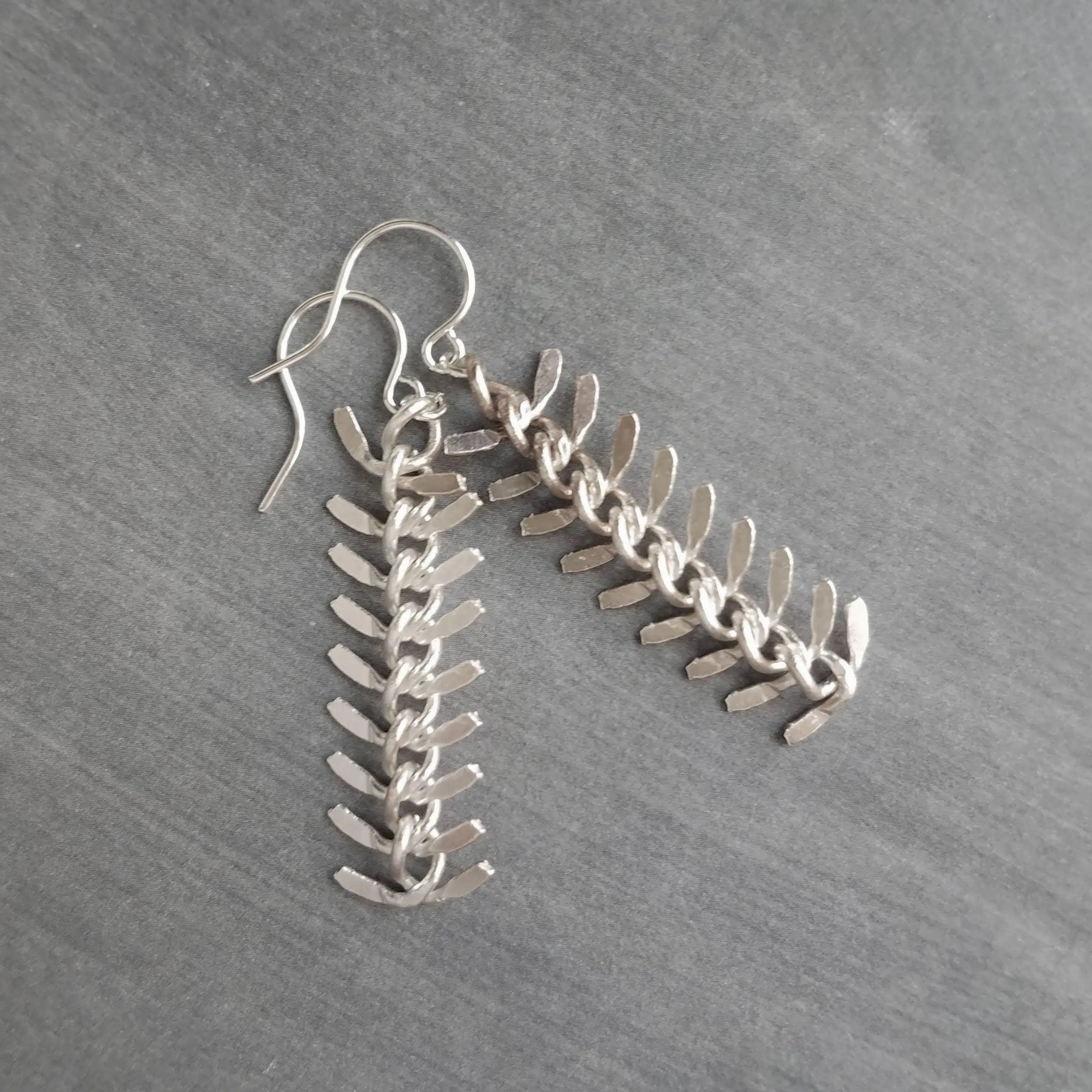 Long Flexible Earrings, silver dangle earring, modern silver earring, chevron earring, fish bone earring, spine vertebrae, feather earring