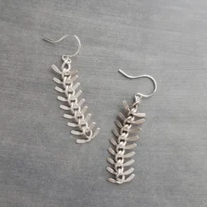 Long Flexible Earrings, silver dangle earring, modern silver earring, chevron earring, fish bone earring, spine vertebrae, feather earring