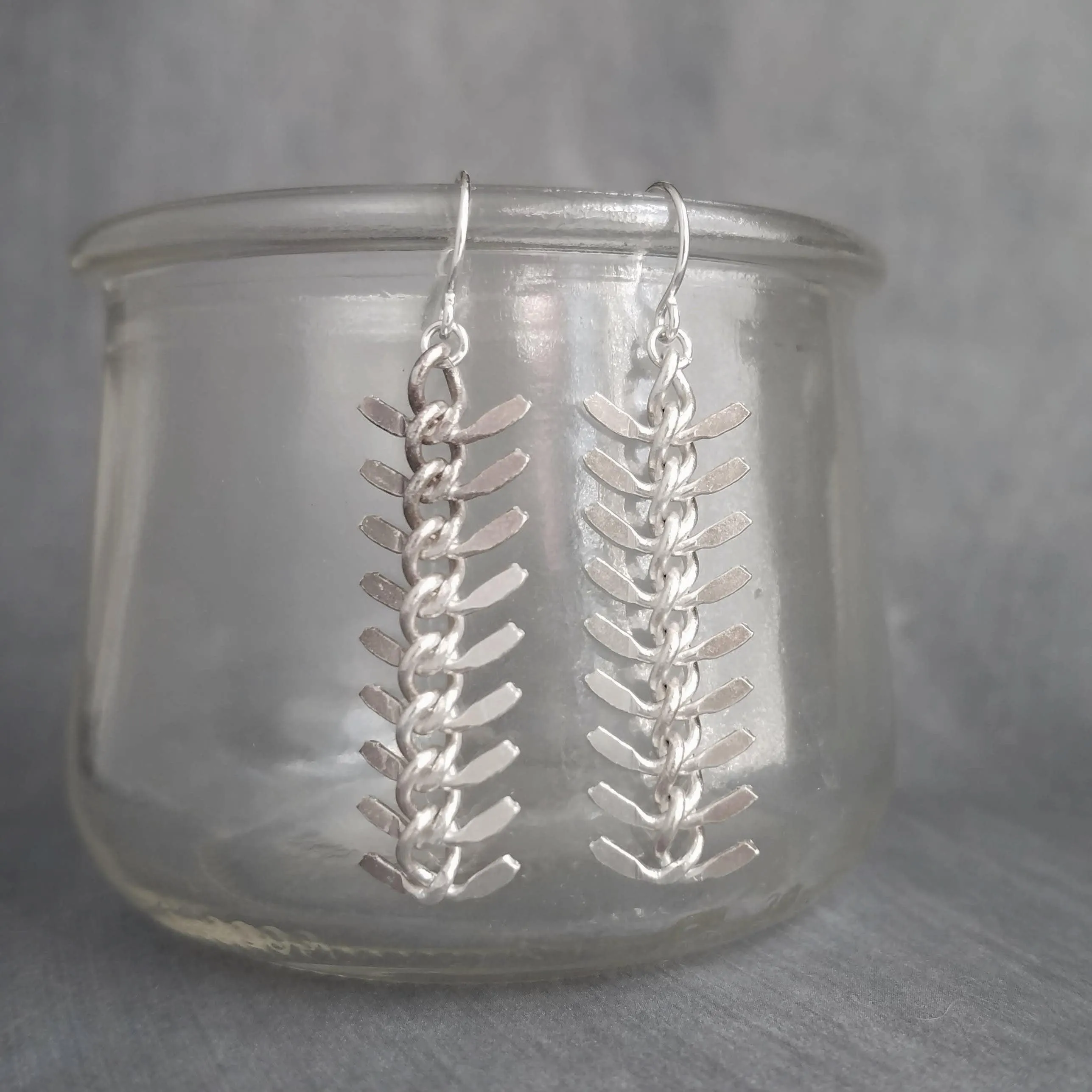 Long Flexible Earrings, silver dangle earring, modern silver earring, chevron earring, fish bone earring, spine vertebrae, feather earring