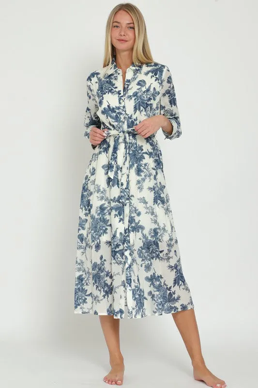 Long Sleeve Belted Button Down Midi Dress