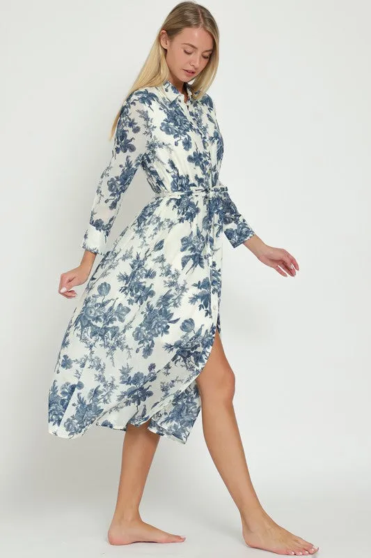 Long Sleeve Belted Button Down Midi Dress