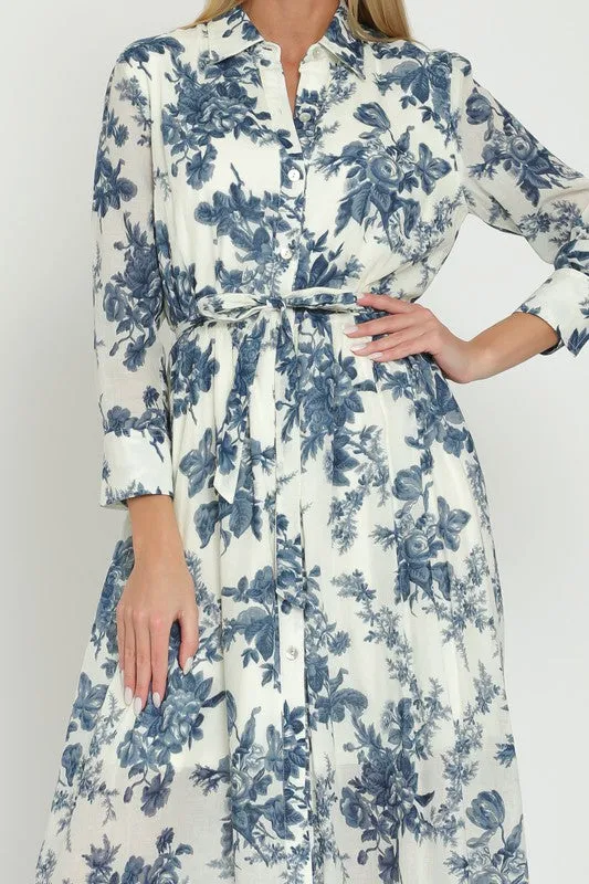 Long Sleeve Belted Button Down Midi Dress