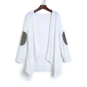 Long Sleeve Sequin Spliced Long Open Front Cardigan - White L