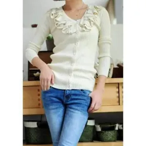 Long Sleeves V-Neck Ruffles Embellished Single-breasted Casual Women's Knitwear - Beige One Size