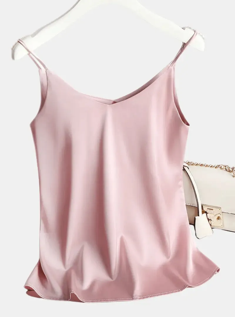 Luxurious Satin Spagetti Strap Tank Top: Blusa de Cetim Regata