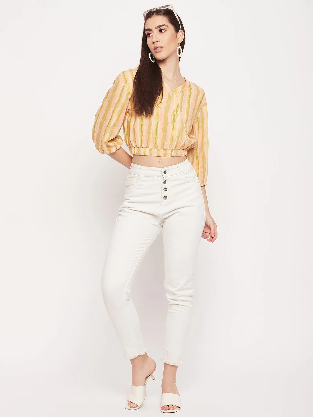 Madame Green Striped Elasticated Puffed Sleeves Crop Top