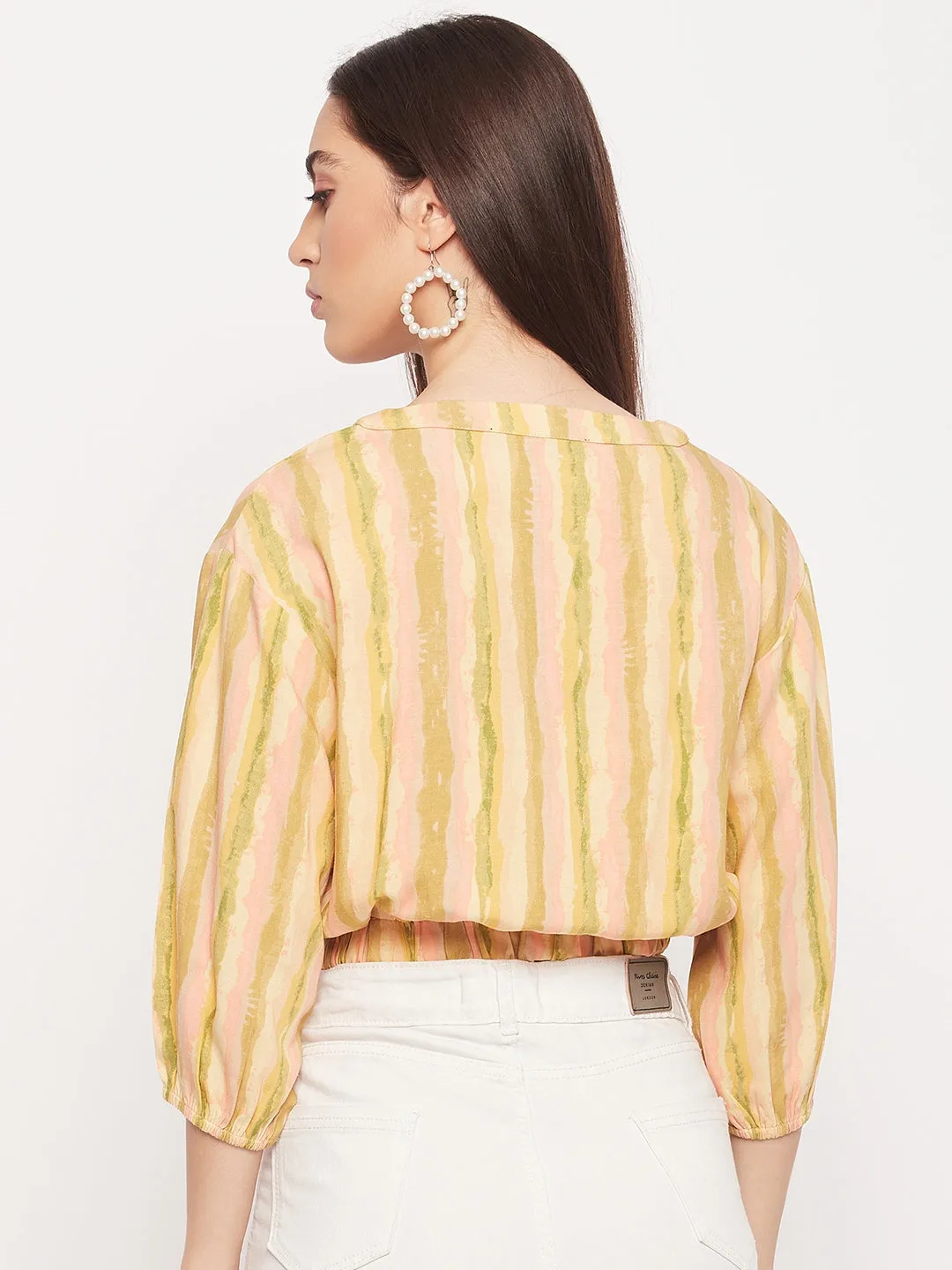 Madame Green Striped Elasticated Puffed Sleeves Crop Top