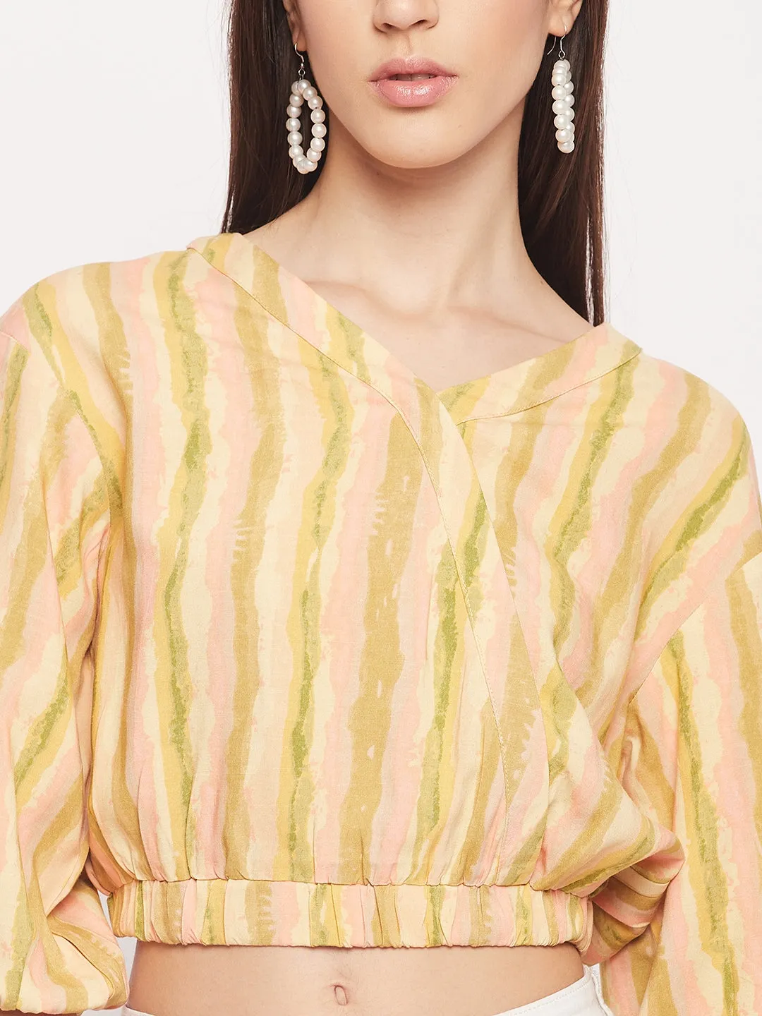 Madame Green Striped Elasticated Puffed Sleeves Crop Top