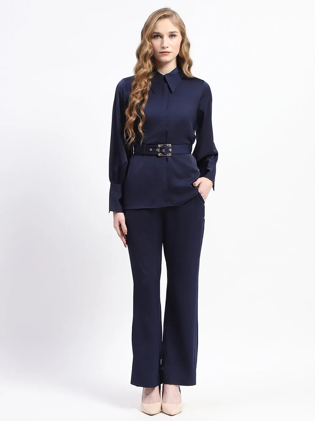Madame Navy Blue Belted Shirt and Flared Bottom Coord Set
