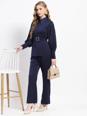 Madame Navy Blue Belted Shirt and Flared Bottom Coord Set
