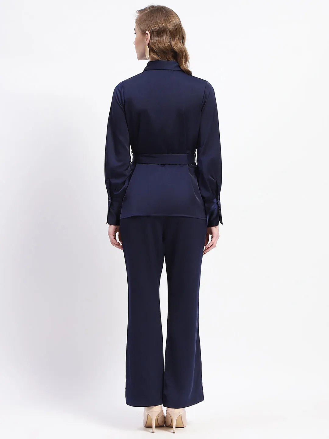 Madame Navy Blue Belted Shirt and Flared Bottom Coord Set