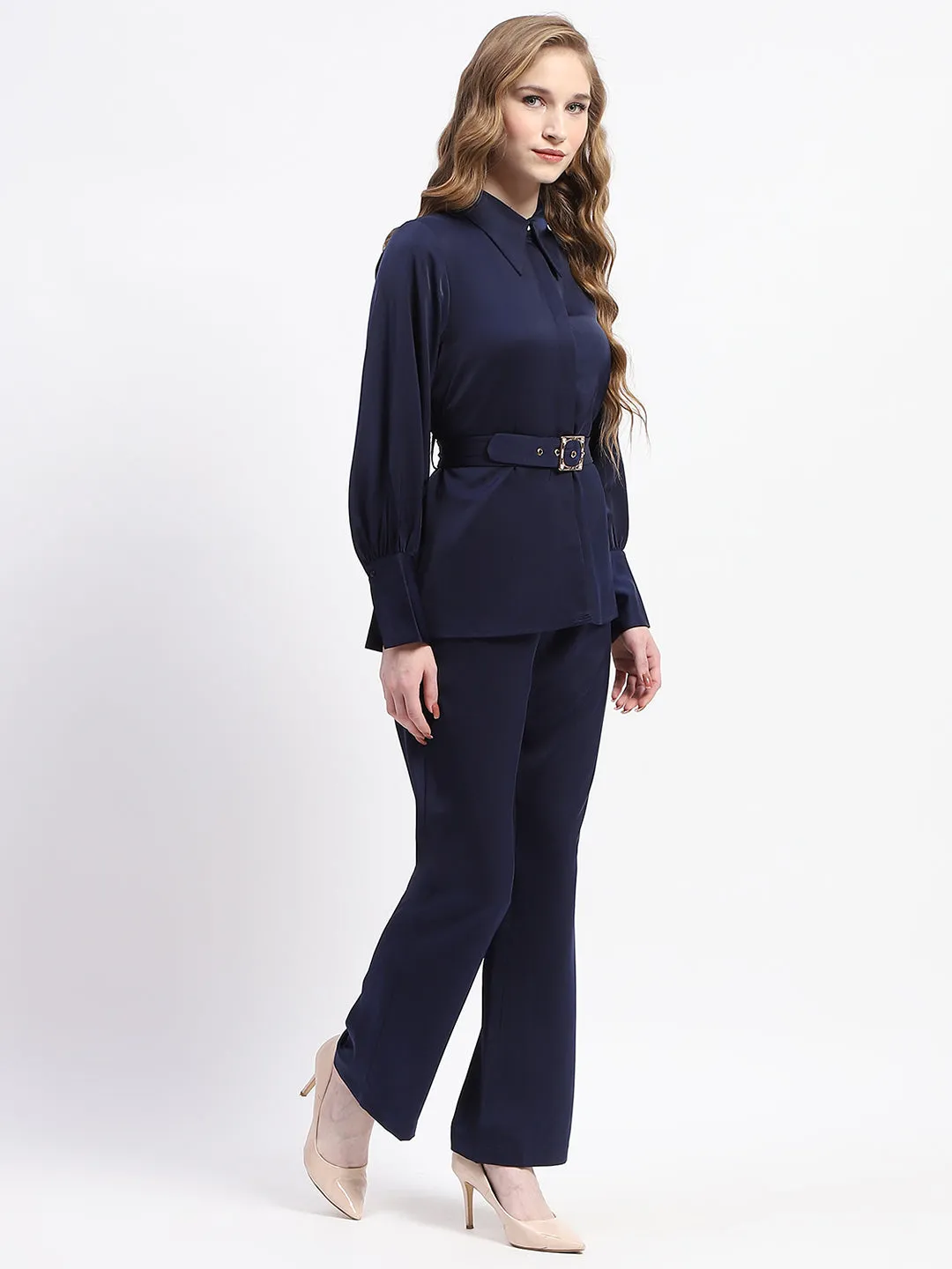 Madame Navy Blue Belted Shirt and Flared Bottom Coord Set